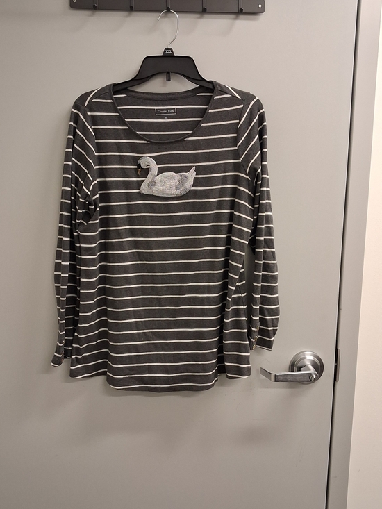 Charter Club Tops - Charter Club Gray and White Striped Long-Sleeve Top with Swan Patch